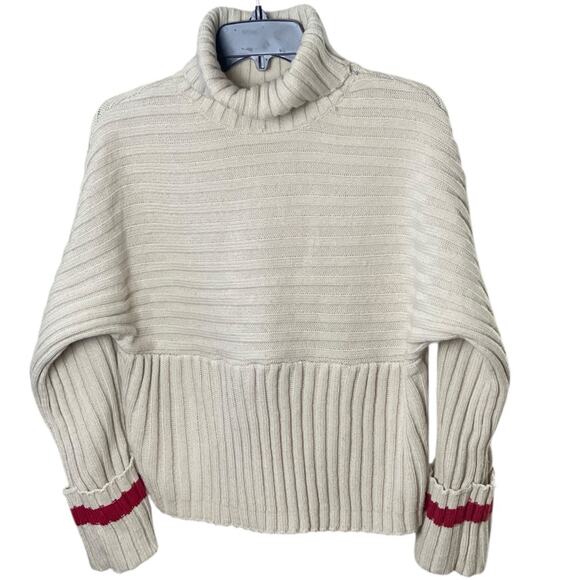Academic Knit Turtleneck Sweater, Cropped. Cream/Red Stripe, Preppy, Old Money S - Picture 1 of 5